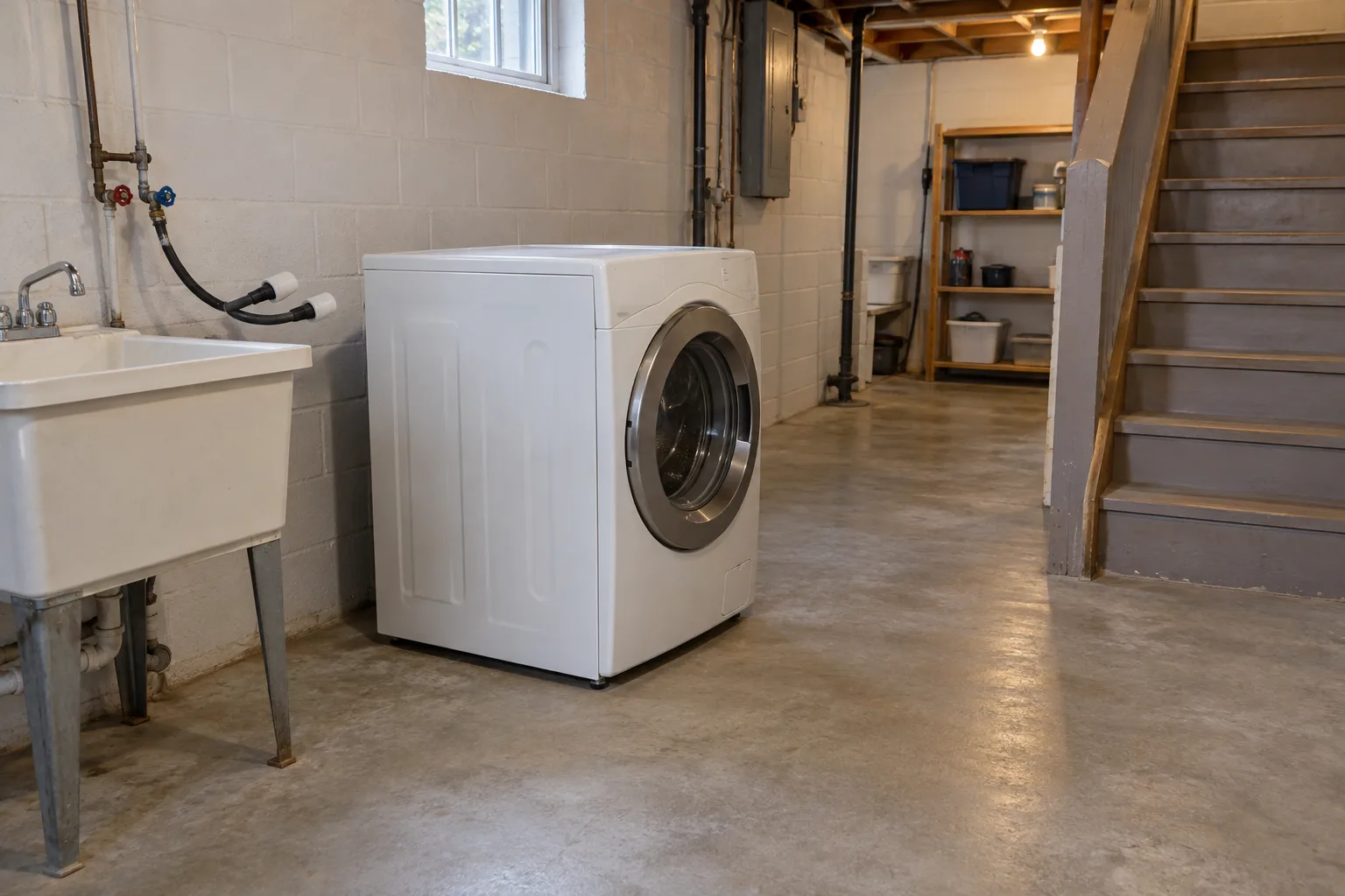 Washing machine in a basement with a clear route to the stairs