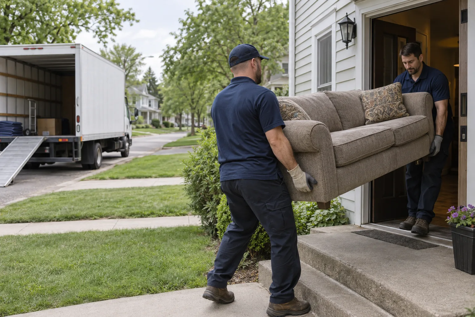 Illustrative scene of two movers carrying a sofa from a home